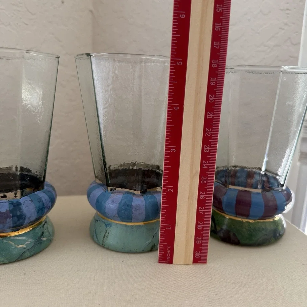 Vtg 80s 90s Mackenzie Childs Glass Cups Circus Purple Stripe Marble Octagon